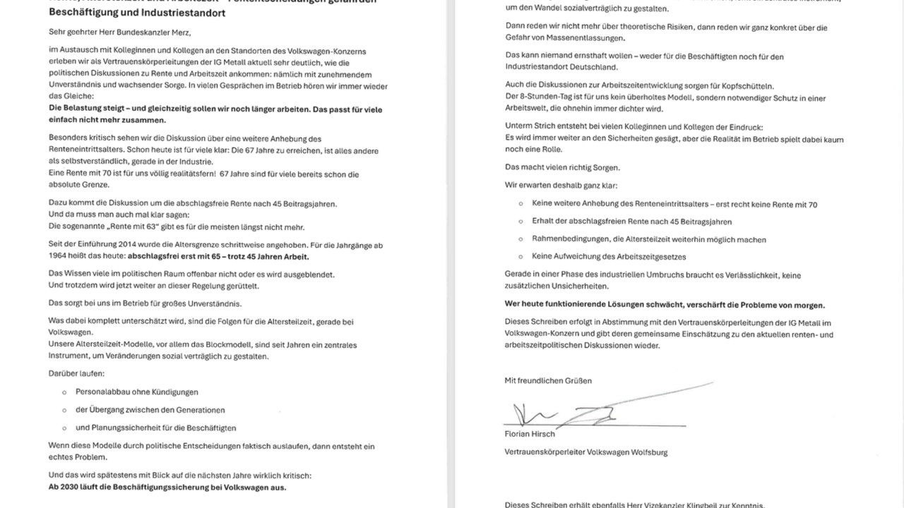 Brief der VW VL an Bundeskanzler Merz