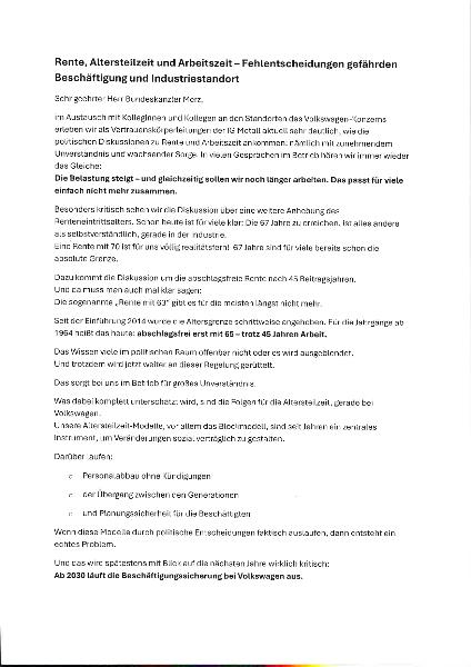 Brief der Vertrauenskörperleitungen VW an Bundeskanzler Friedrich Merz