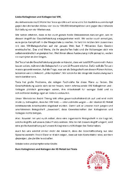 Soli-Botschaft Tesla Workers Grünheide