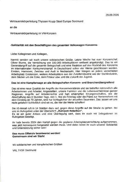 Soli-Botschaft Thyssen Krupp Steel Europe Dortmund