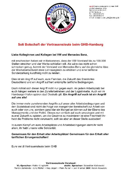 Soli-Botschaft GHB ver.di Hamburg Hafen