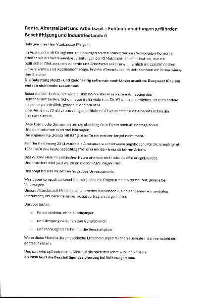 Brief der Vertrauenskörperleitungen VW an Vizekanzler Friedrich Merz